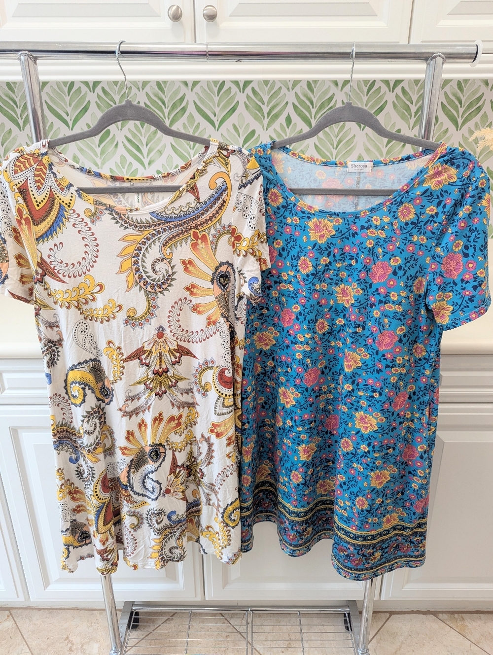 Cream Paisley Dress/ Blue Floral Dress with Pockets Large